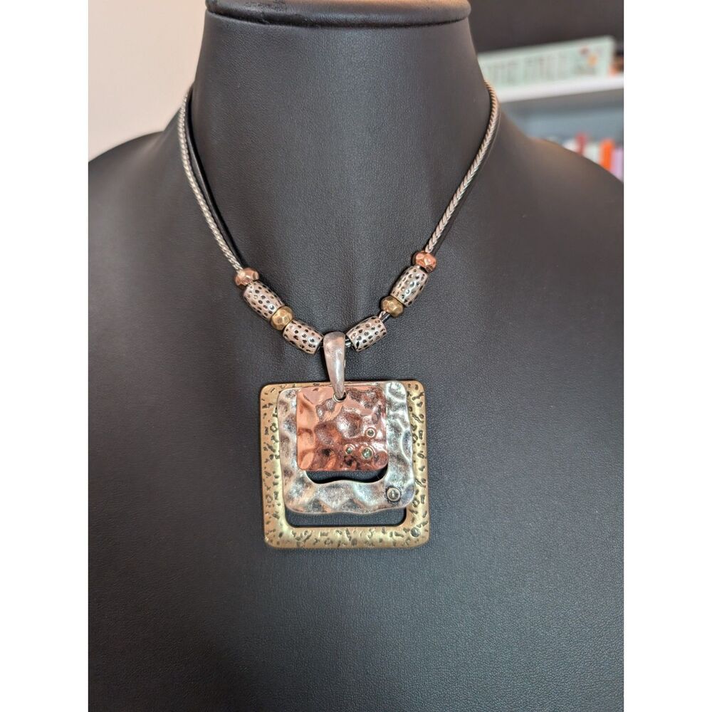 Laura Ashley Vintage Mixed Metal Statement Necklace Square Hammered Pendant